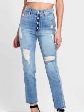 REVICE High-Rise Distressed Light Blue Button-Fly Jeans